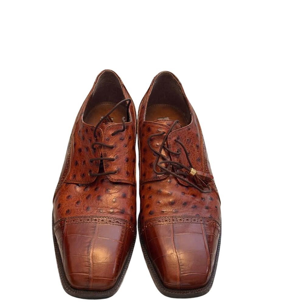 Handmade Men's Genuine Tan Ostrich Impression Leather Oxford Shoes Size 11M